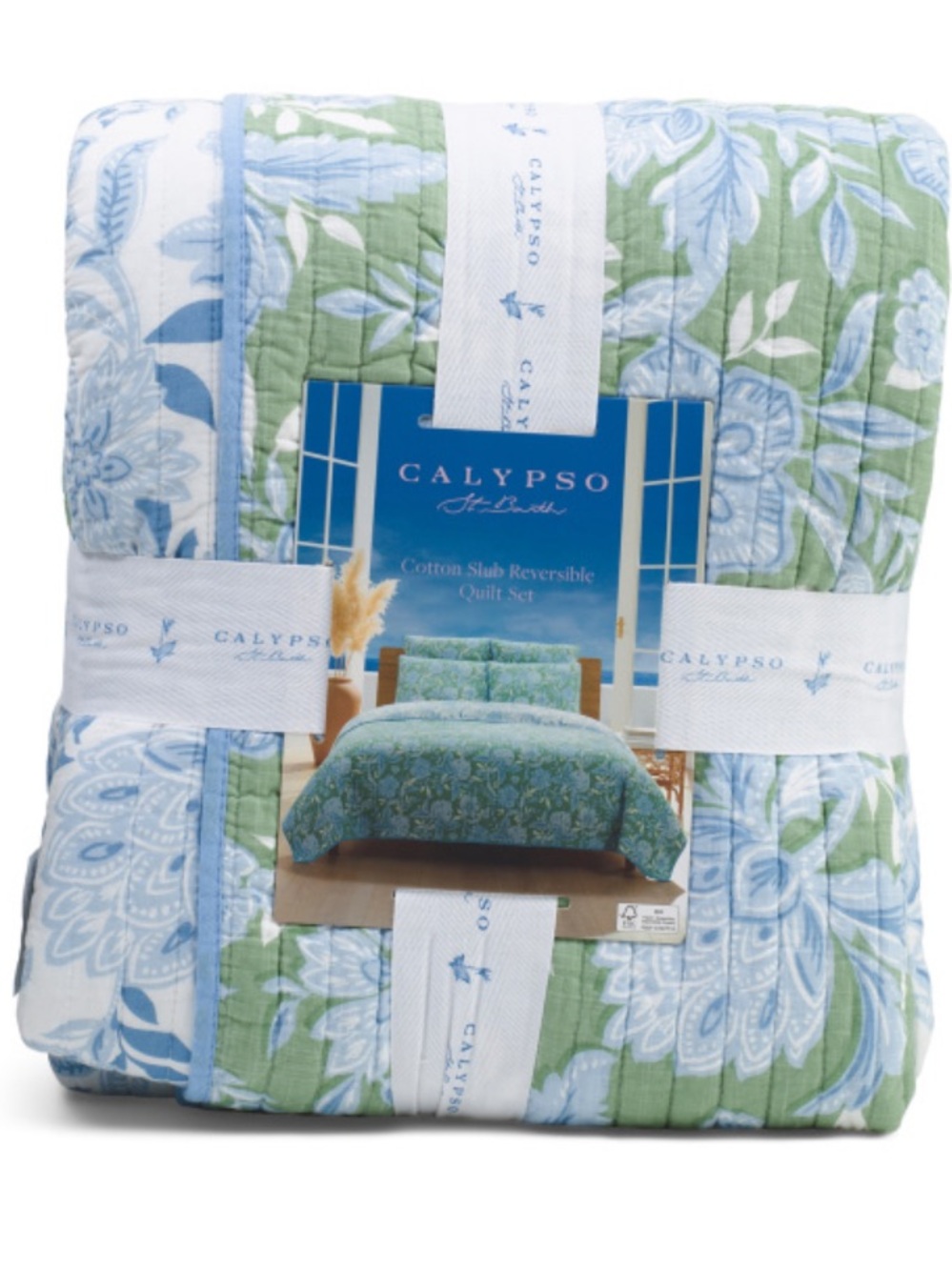 Calypso St. Barth Blue and Green Floral Reversible Cotton Quilt
